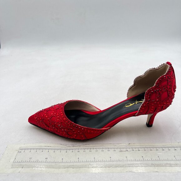XYD Red Pointed Toe D\'Orsay Kitten Low Heel Rhinestone Studs Slip-On Pumps main image 5
